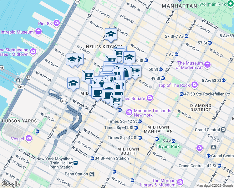map of restaurants, bars, coffee shops, grocery stores, and more near in New York