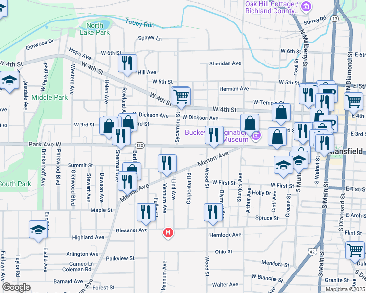 map of restaurants, bars, coffee shops, grocery stores, and more near 343 Park Avenue West in Mansfield