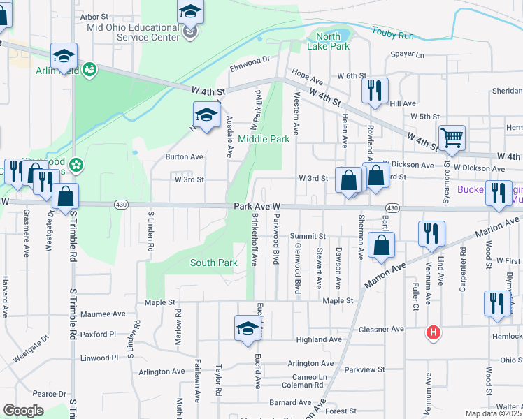 map of restaurants, bars, coffee shops, grocery stores, and more near 681 Park Avenue West in Mansfield