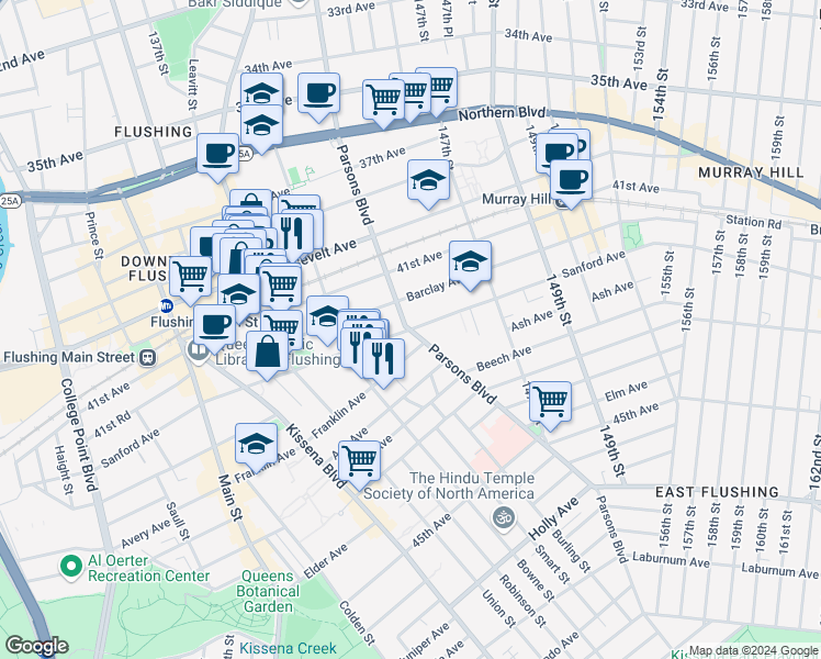 map of restaurants, bars, coffee shops, grocery stores, and more near in Queens