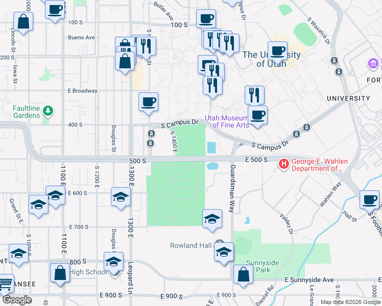 map of restaurants, bars, coffee shops, grocery stores, and more near 451 1400 East in Salt Lake City