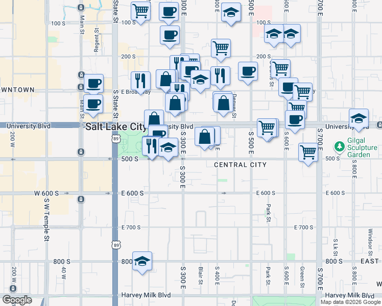 map of restaurants, bars, coffee shops, grocery stores, and more near 475 South 300 East in Salt Lake City