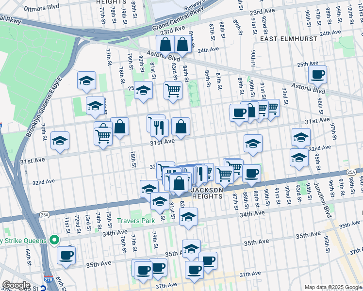 map of restaurants, bars, coffee shops, grocery stores, and more near 30-60 83rd Street in Queens