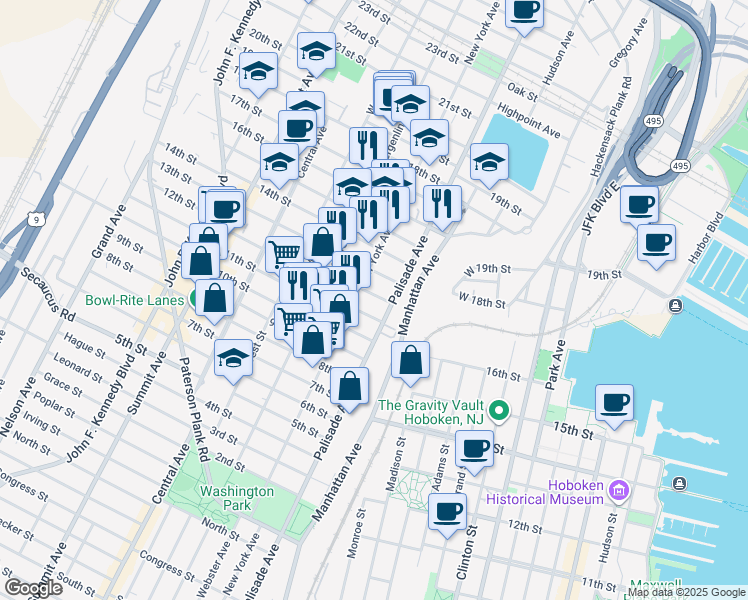 map of restaurants, bars, coffee shops, grocery stores, and more near 319 13th Street in Union City
