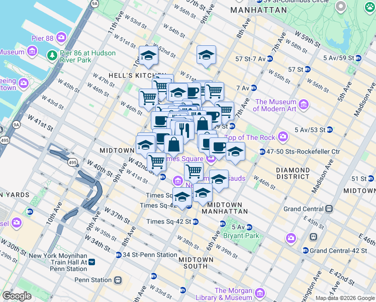 map of restaurants, bars, coffee shops, grocery stores, and more near 251 West 45th Street in New York