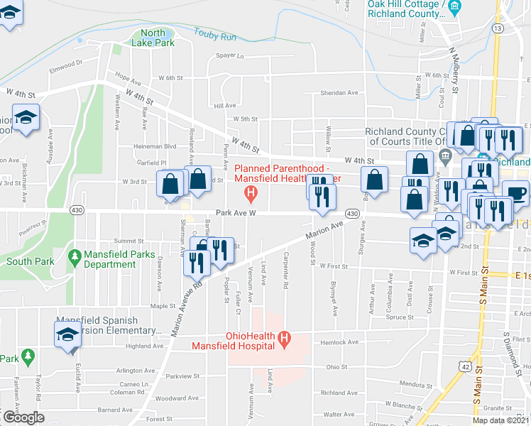 map of restaurants, bars, coffee shops, grocery stores, and more near 365 Park Ave W in Mansfield