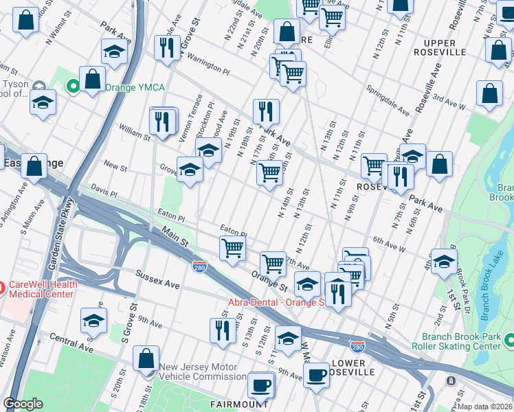 map of restaurants, bars, coffee shops, grocery stores, and more near 47 North 16th Street in East Orange