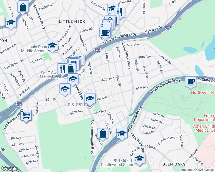 map of restaurants, bars, coffee shops, grocery stores, and more near 25302 60th Avenue in Queens
