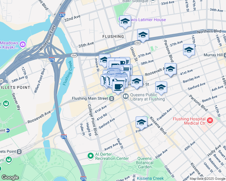 map of restaurants, bars, coffee shops, grocery stores, and more near 135-29 40th Road in Queens