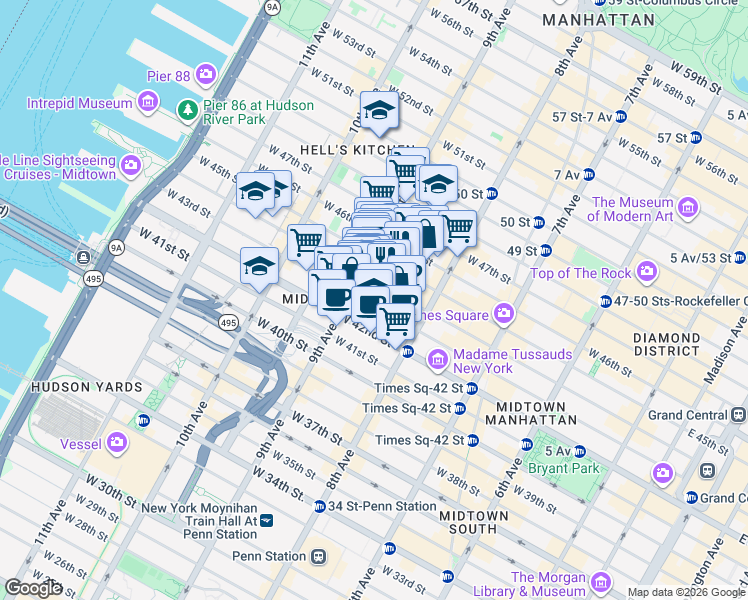 map of restaurants, bars, coffee shops, grocery stores, and more near 339 West 43rd Street in New York