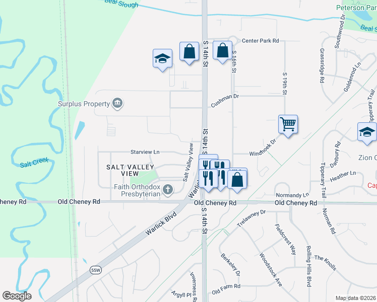 map of restaurants, bars, coffee shops, grocery stores, and more near 5331 Salt Valley View in Lincoln