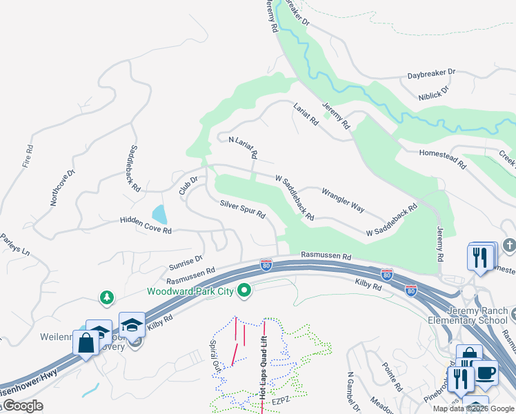 map of restaurants, bars, coffee shops, grocery stores, and more near 8790 Silver Spur Road in Park City