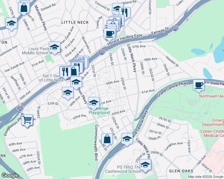 map of restaurants, bars, coffee shops, grocery stores, and more near 25302 60th Avenue in Queens
