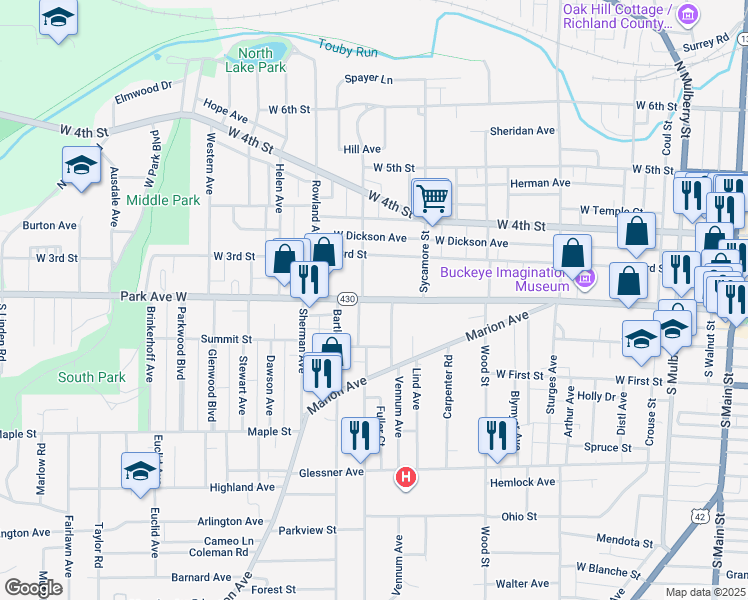 map of restaurants, bars, coffee shops, grocery stores, and more near 429 Park Avenue West in Mansfield