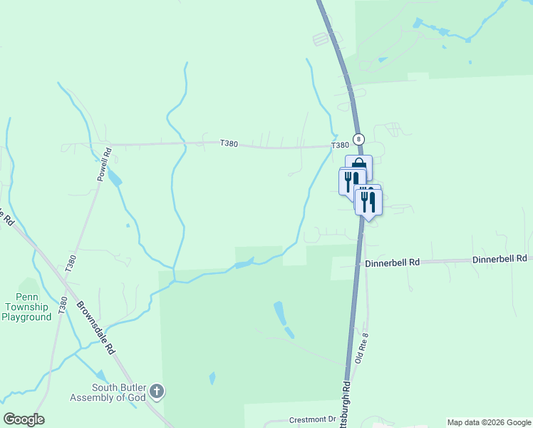 map of restaurants, bars, coffee shops, grocery stores, and more near 121 Powell Road in Butler