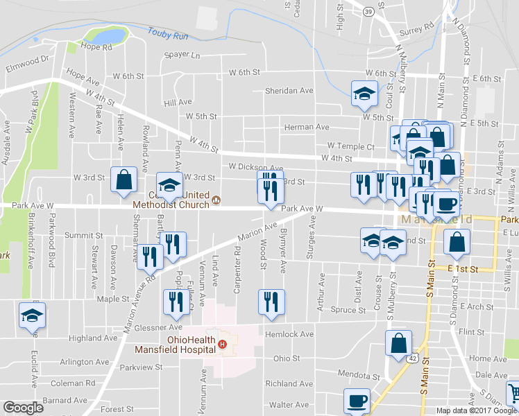 map of restaurants, bars, coffee shops, grocery stores, and more near 296 Park Ave W in Mansfield