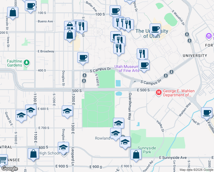 map of restaurants, bars, coffee shops, grocery stores, and more near 451 1400 East in Salt Lake City