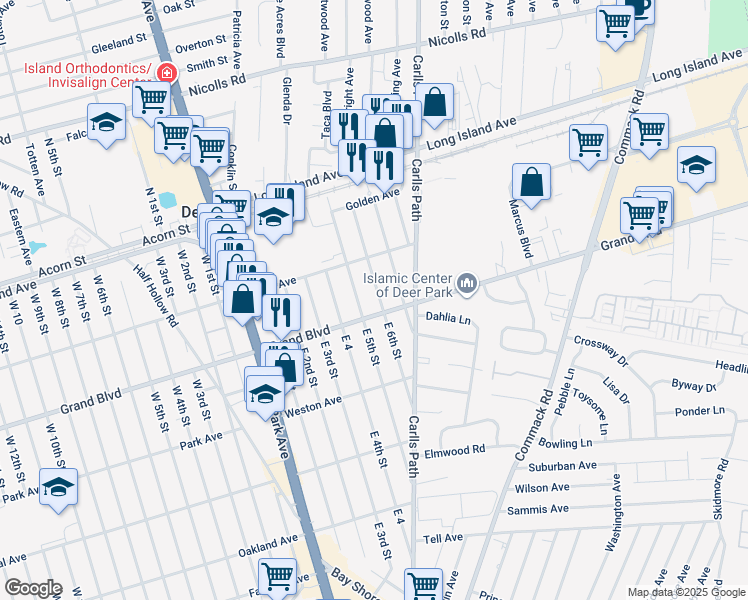 map of restaurants, bars, coffee shops, grocery stores, and more near 84 East 6th Street in Deer Park