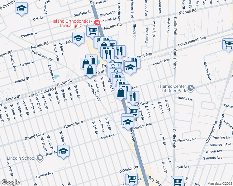 map of restaurants, bars, coffee shops, grocery stores, and more near 41 West 1st Street in Deer Park
