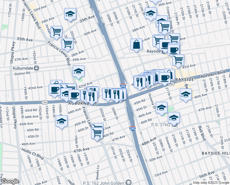 map of restaurants, bars, coffee shops, grocery stores, and more near 42-42 205th Street in Queens