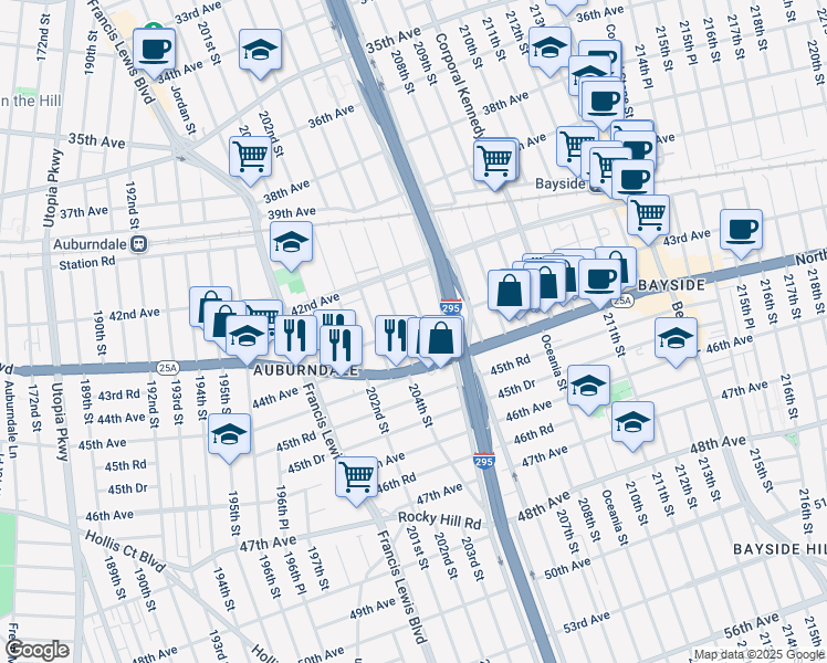 map of restaurants, bars, coffee shops, grocery stores, and more near 42-42 205th Street in Queens