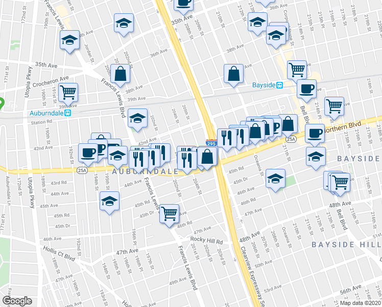 map of restaurants, bars, coffee shops, grocery stores, and more near 42-42 205th Street in Queens