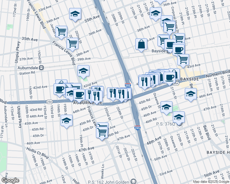 map of restaurants, bars, coffee shops, grocery stores, and more near 42-42 205th Street in Queens