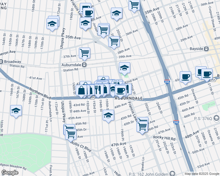 map of restaurants, bars, coffee shops, grocery stores, and more near 195-08 42nd Avenue in Queens