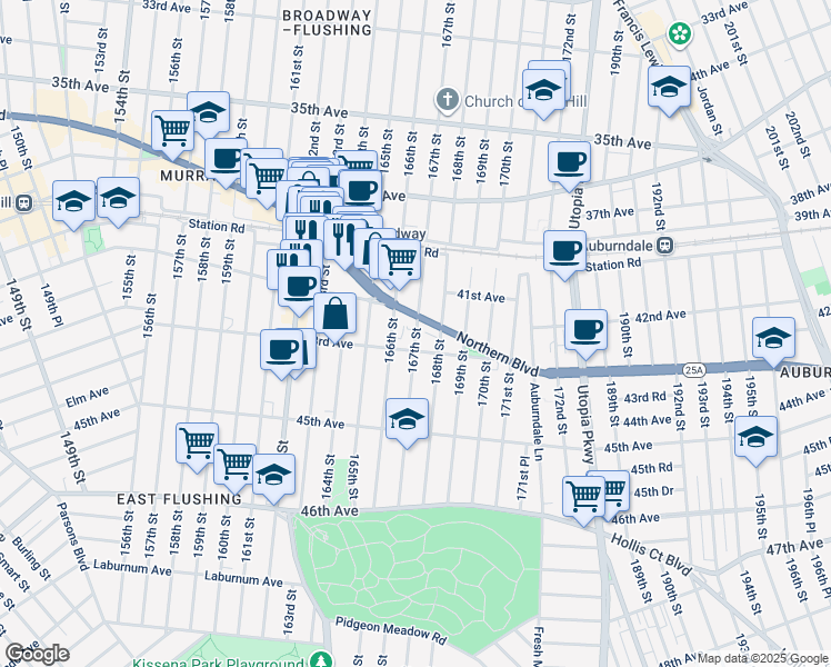 map of restaurants, bars, coffee shops, grocery stores, and more near in Queens