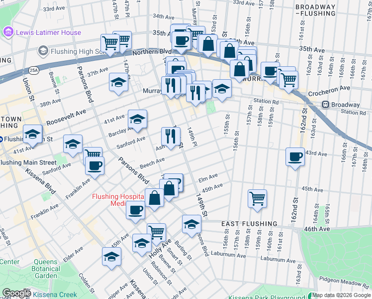 map of restaurants, bars, coffee shops, grocery stores, and more near 149-34 Ash Avenue in Queens