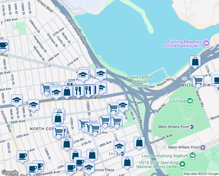 map of restaurants, bars, coffee shops, grocery stores, and more near 112-24 Astoria Boulevard in Queens