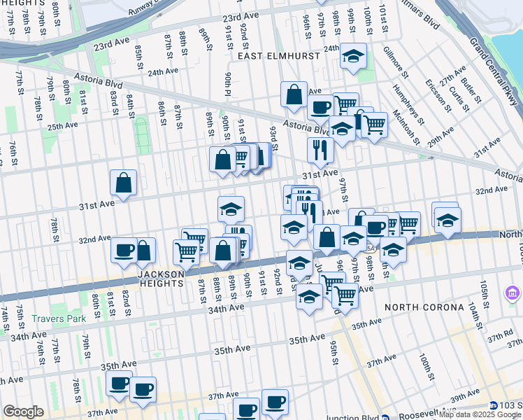 map of restaurants, bars, coffee shops, grocery stores, and more near 31-29 92nd Street in Queens