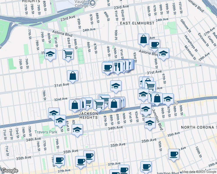 map of restaurants, bars, coffee shops, grocery stores, and more near 31-12 89th Street in Queens