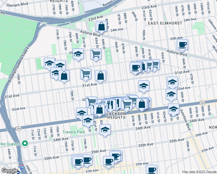 map of restaurants, bars, coffee shops, grocery stores, and more near 30-65 84th Street in Queens