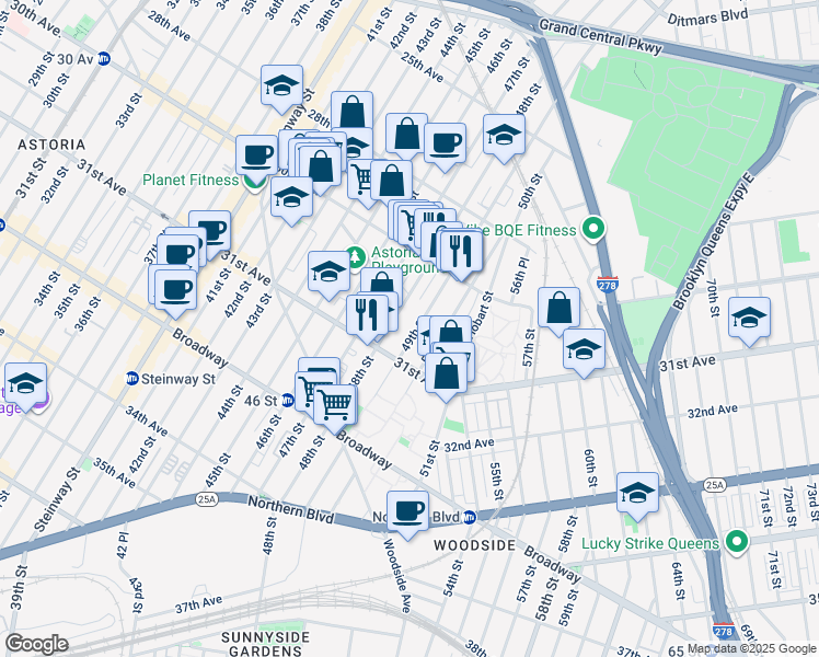 map of restaurants, bars, coffee shops, grocery stores, and more near 30-55 48th Street in Queens