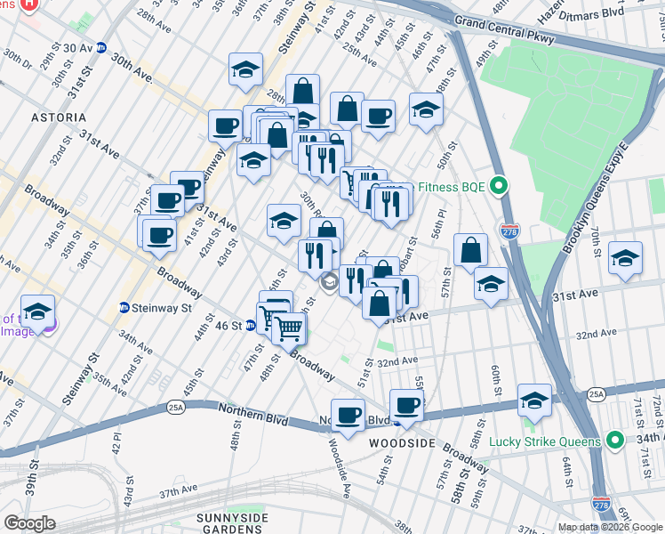 map of restaurants, bars, coffee shops, grocery stores, and more near 30-55 48th Street in Queens