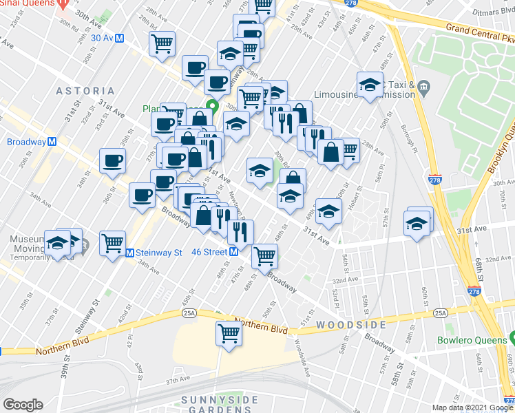 map of restaurants, bars, coffee shops, grocery stores, and more near 45-11 31st Avenue in Queens