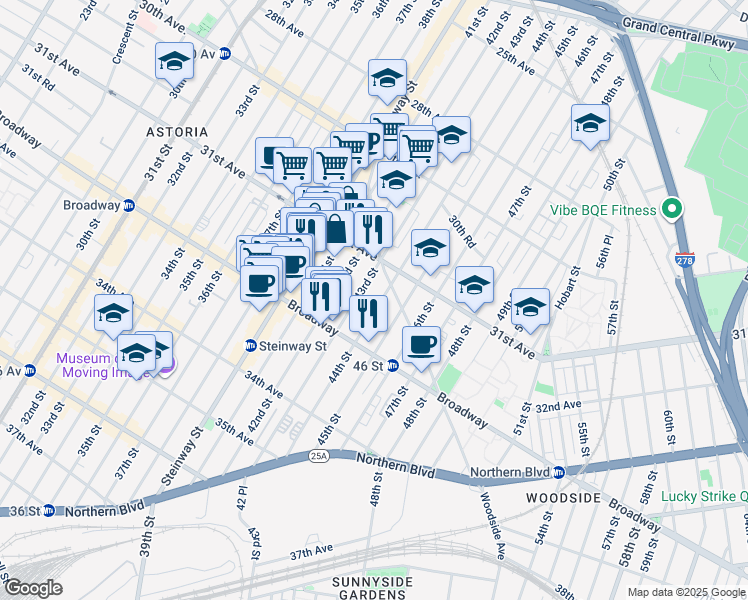 map of restaurants, bars, coffee shops, grocery stores, and more near 31-30 43rd Street in Queens