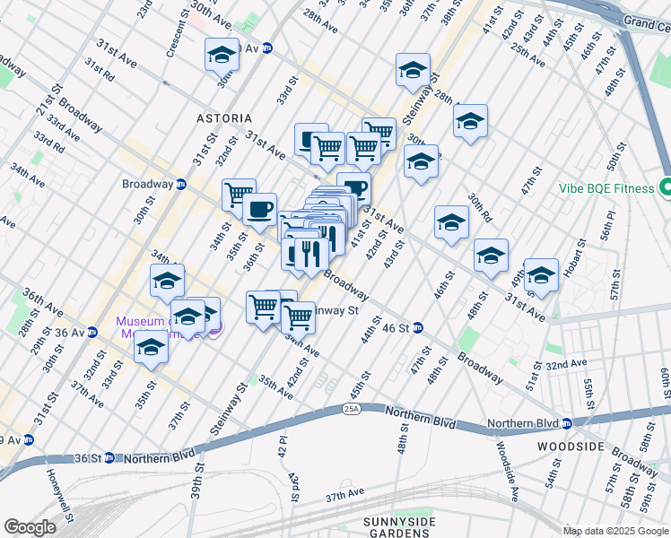 map of restaurants, bars, coffee shops, grocery stores, and more near 31-91 Steinway Street in Queens