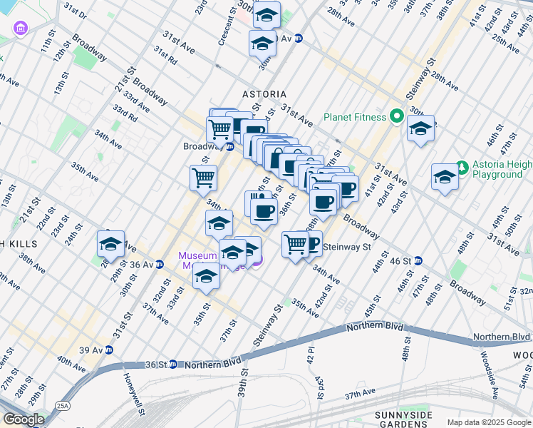 map of restaurants, bars, coffee shops, grocery stores, and more near 32-40 35th Street in Queens
