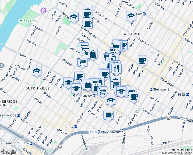 map of restaurants, bars, coffee shops, grocery stores, and more near 34-34 30th Street in Queens