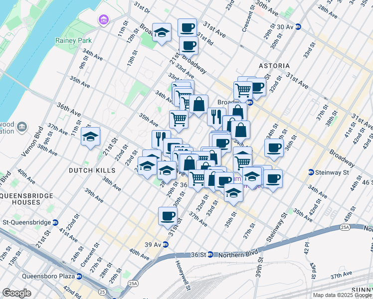 map of restaurants, bars, coffee shops, grocery stores, and more near 3449 28th Street in Queens