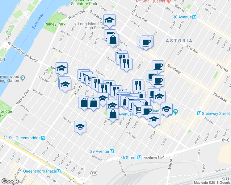 map of restaurants, bars, coffee shops, grocery stores, and more near 35-03 Crescent Street in Queens