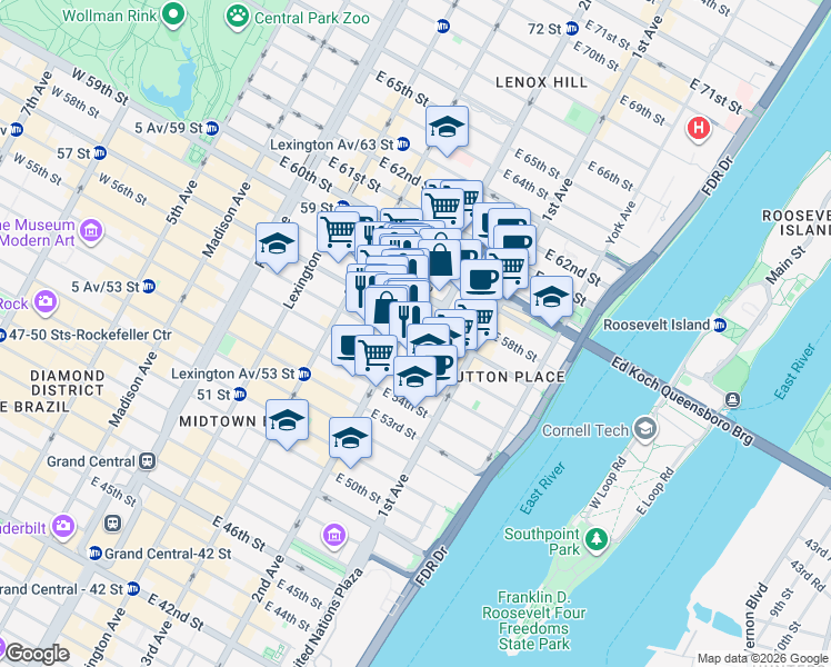 map of restaurants, bars, coffee shops, grocery stores, and more near 300 East 57th Street in New York