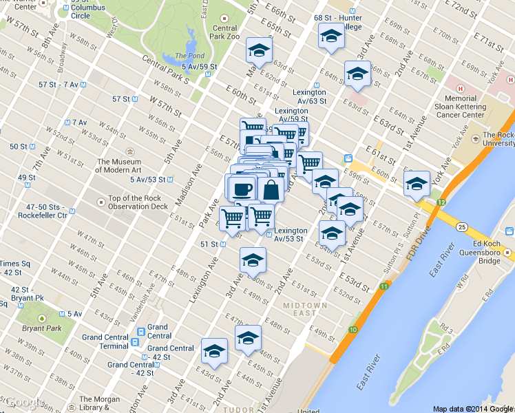 map of restaurants, bars, coffee shops, grocery stores, and more near 676 Lexington Avenue in New York