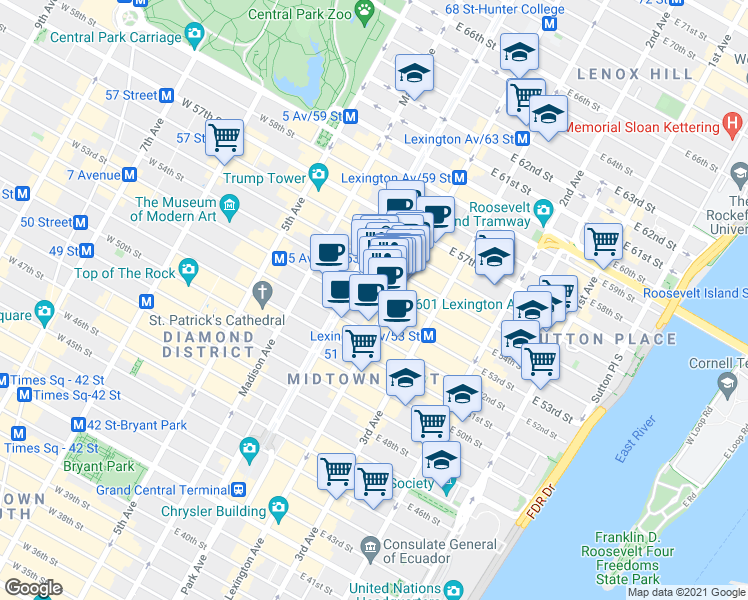 map of restaurants, bars, coffee shops, grocery stores, and more near in New York