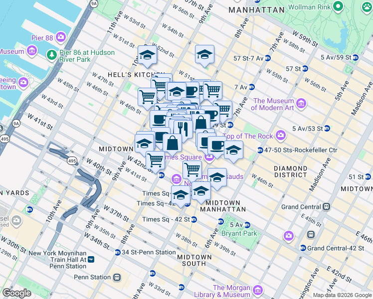 map of restaurants, bars, coffee shops, grocery stores, and more near 252 West 46th Street in New York
