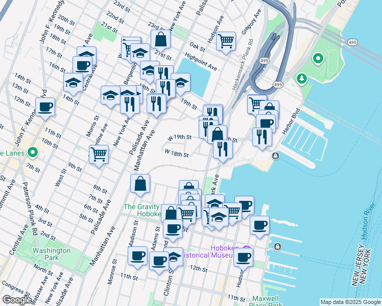 map of restaurants, bars, coffee shops, grocery stores, and more near 25 Hackensack Avenue in Weehawken