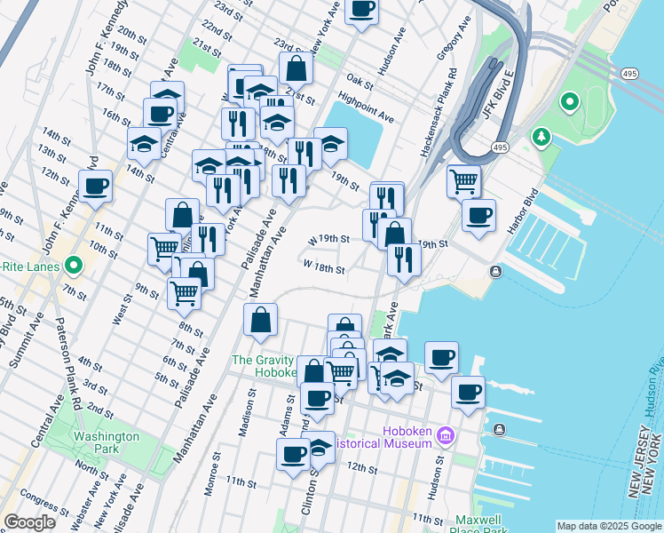 map of restaurants, bars, coffee shops, grocery stores, and more near 53 Chestnut Street in Weehawken