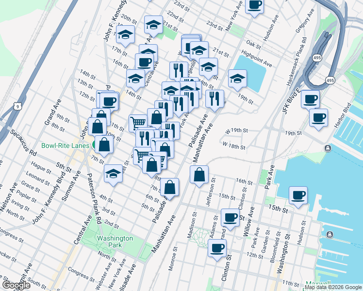 map of restaurants, bars, coffee shops, grocery stores, and more near 319 13th Street in Union City